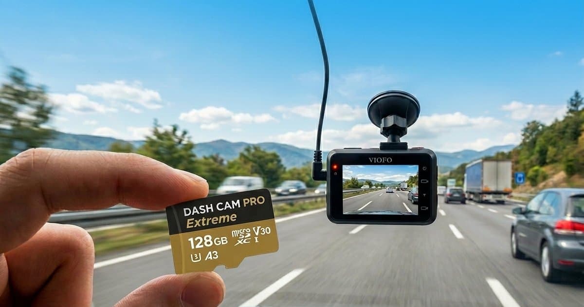 Karta pamięci microSD trzymana w dłoni na tle kamery samochodowej VIOFO zamontowanej na szybie