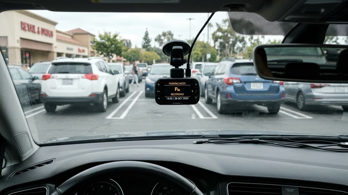 Wideorejestrator zamontowany na przedniej szybie samochodu wyświetlający aktywny tryb parkingowy – napis PARKING MODE RECORDING na tle parkingu centrum handlowego