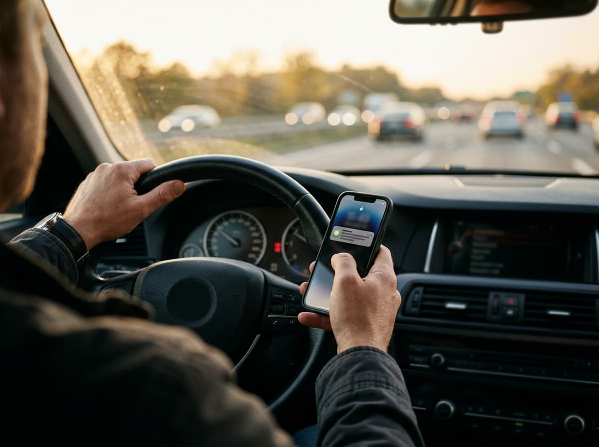 Kierowca trzymający smartfon podczas jazdy samochodem – dłoń na kierownicy z telefonem