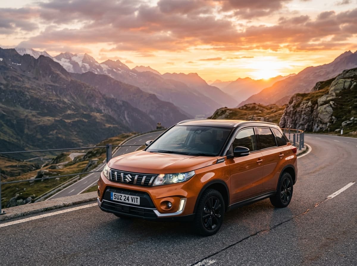Pomarańczowa Suzuki Vitara na serpentynach górskiej drogi o zachodzie słońca – panorama alpejska w tle