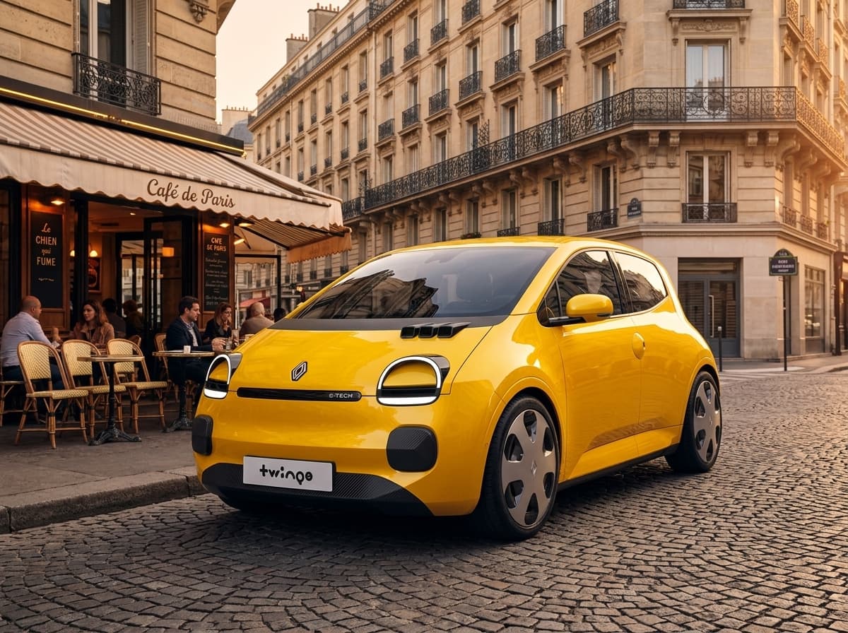 Żółte Renault Twingo E-Tech electric zaparkowane na paryskiej ulicy przy kawiarnianym stoliku